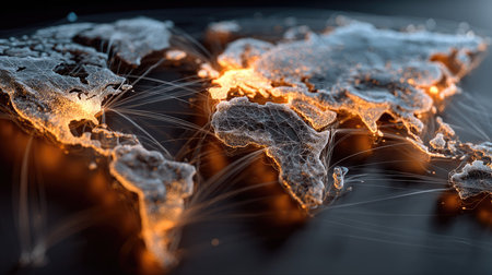 A dynamic representation of a world map showcasing global connections through illuminated lines and digital effects, symbolizing communication and technology.の素材