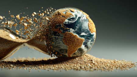 A creative depiction of an hourglass spilling grains of sand shaped like the Earth, symbolizing the passage of time and environmental awareness.の素材