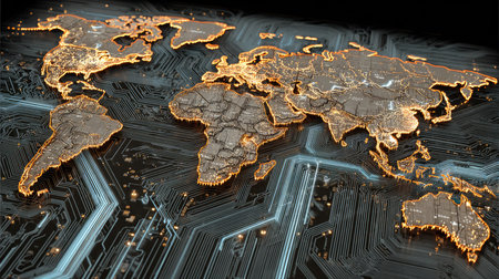 A striking digital representation of a world map with a circuit board design, showcasing interconnectedness and modern technology against a dark backdrop.の素材