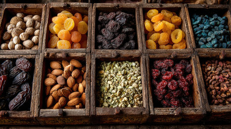 A vibrant display of assorted dried fruits and nuts arranged in aged wooden boxes, showcasing their natural colors and textures for a healthy snack option.の素材