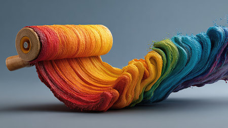 A vibrant paint roller creates a dynamic and colorful wave of bright hues, showcasing creativity and artistic expression in a stunning visual display.の素材