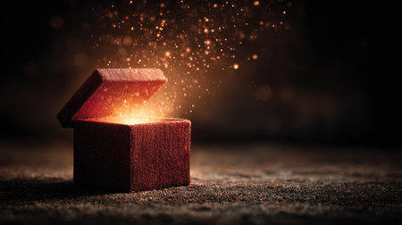 An open box emanates a warm glow, surrounded by magical sparkles in a dimly lit atmosphere. This image evokes feelings of wonder, mystery, and discovery.の素材