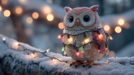 This enchanting image captures a delightful owl draped in vibrant holiday lights, resting on a snow-covered branch. The serene winter backdrop adds a magical touch.の素材