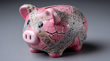 The image features a cracked pink piggy bank wrapped in sparkly tape, representing financial struggles and the importance of effective savings strategies.の素材