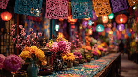 A vibrant marketplace filled with colorful flowers and glowing lanterns, creating a lively and festive atmosphere, ideal for celebrations and cultural events.の素材