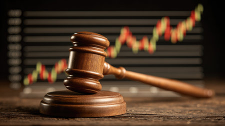 A wooden gavel rests on a table against a backdrop of a stock market chart, representing the intersection of law and finance, highlighting themes of justice and economic analysis.の素材