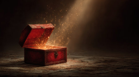 An enchanting treasure chest opens to reveal magical sparkles in a dimly lit space, creating a captivating atmosphere filled with mystery and wonder.の素材