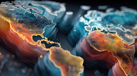 A stunning abstract representation of a global map, featuring vibrant colors and dynamic waves that illustrate geographic connections and data flows.の素材