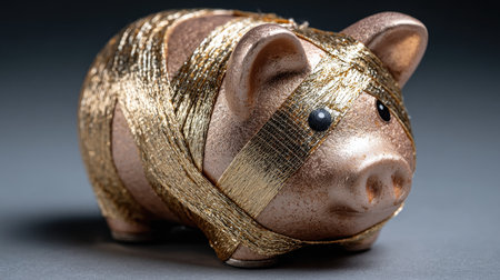 This unique decorative piggy bank features an exquisite golden ribbon wrapped around it, symbolizing savings and financial prosperity. Perfect for gifting!の素材