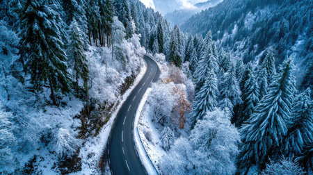 An aerial view of a serene winter landscape featuring a winding road and snow-covered trees surrounded by majestic mountains. Perfect for nature lovers.の素材