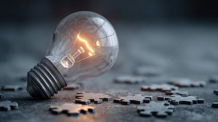 A glowing light bulb rests on a dark surface, surrounded by scattered puzzle pieces, representing the concept of creativity, ideas, and innovative solutions.の素材