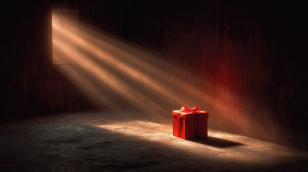 A captivating image of a red gift box with a ribbon, illuminated by soft rays of light streaming through a window, creating a mysterious and atmospheric scene.の素材