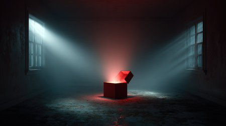 A captivating scene depicting a red box glowing in a dark room, illuminated by soft rays of light, creating a mysterious and surreal atmosphere.の素材