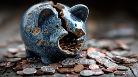 A unique image featuring a cracked blue piggy bank filled with assorted coins, placed on a rustic wooden surface, highlighting financial struggles and savings challenges.の素材