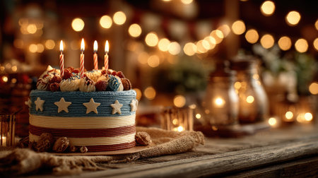 This festive cake features a vibrant red, white, and blue design, perfect for celebrations. Adorned with candles and set against a warm, cozy backdrop, it creates an inviting atmosphere ideal for gatherings.の素材