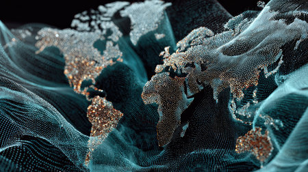 Captivating abstract representation of a world map created with luminous dots and flowing particles, symbolizing global connectivity and modern technology.の素材