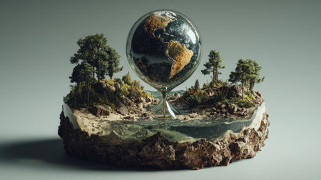 This artistic representation features a globe surrounded by miniature landscapes, symbolizing the connection between geography and nature. Perfect for themes of ecology.の素材
