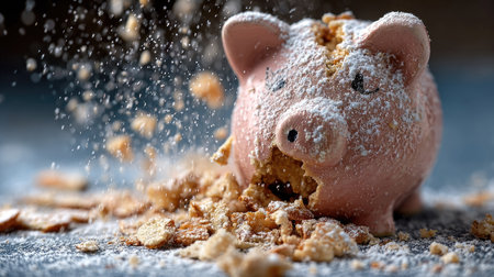 A broken piggy bank spills crushed cereal onto a dark surface, capturing a whimsical moment of mess. This image symbolizes the intersection of savings and breakfast chaos.の素材
