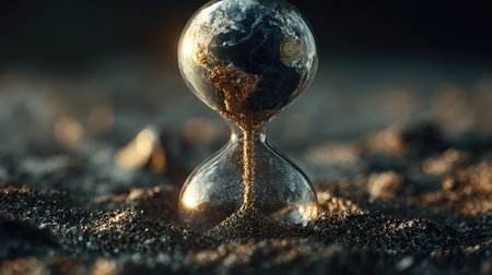 This artistic image showcases a glass hourglass with Earth encased in its design, symbolizing the passage of time and the urgent need for sustainability.の素材
