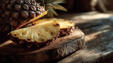 A beautifully captured image of a freshly sliced pineapple resting on a rustic wooden table, illuminated by natural light, showcasing its vibrant textures and colors.の素材