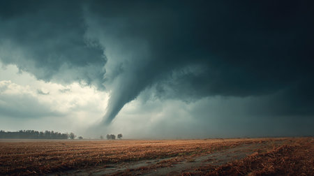 This image captures a dramatic tornado formation in dark storm clouds above an open field. The powerful weather event illustrates nature's raw energy and unpredictability.の素材