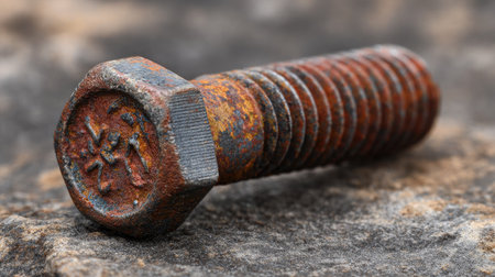 This image features a close-up view of a rusty metal bolt resting on a textured stone surface. The intricate details of the corrosion and surface texture highlight the aging process of industrial hardware.の素材