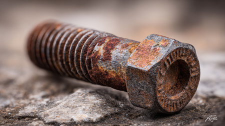 Close-up image of a rusty metal bolt lying on a weathered rock surface. The intricate threading and corrosion create a distinct texture, showcasing decay and vintage qualities.の素材
