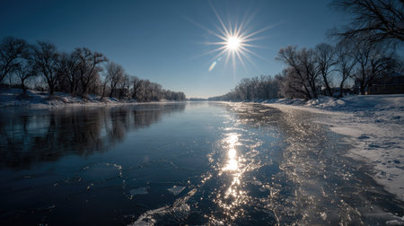 A breathtaking winter river scene featuring sparkling ice and trees along the shoreline under a clear blue sky, illuminated by bright sunlight.の素材
