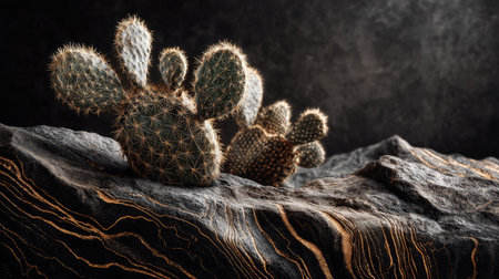 Stunning close-up photograph of unique cacti placed on a textured rock surface, showcasing intricate details and soft lighting, perfect for nature lovers.の素材
