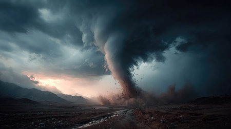An imposing tornado forms dramatically over a rugged mountainous landscape, with dark clouds swirling above and a glowing sunset in the backdrop, capturing nature's raw power.の素材