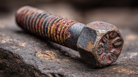 This macro photograph features a rusty bolt lying on a rugged surface, showcasing intricate details of its texture and color variations, perfect for industrial themes.の素材