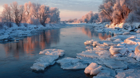 A breathtaking winter scene featuring a tranquil icy river surrounded by frost-covered trees, reflecting soft morning light in a serene landscape.の素材