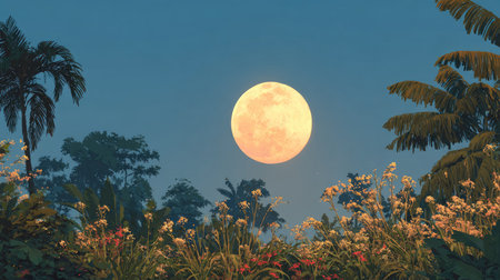 A captivating scene featuring a full moon illuminating a tranquil landscape filled with vibrant flowers and silhouetted trees. The serene atmosphere invites reflection and awe.の素材