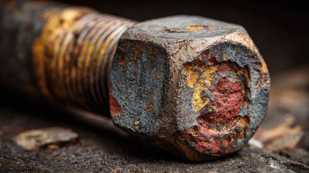 A close-up view of a rusty metal bolt showcases intricate textures and vivid color contrasts, highlighting age and wear in an industrial environment.の素材