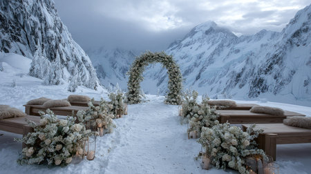 A serene winter wedding setting amidst majestic mountains. The scene features a floral arch, rustic seating, and a breathtaking snowy landscape, perfect for romance.の素材