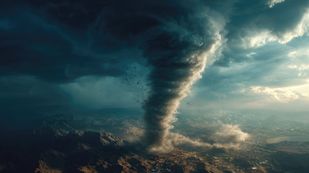 A stunning tornado spirals dramatically over a vast landscape, framed by dark storm clouds and illuminated by soft light, showcasing nature's fury and beauty.の素材