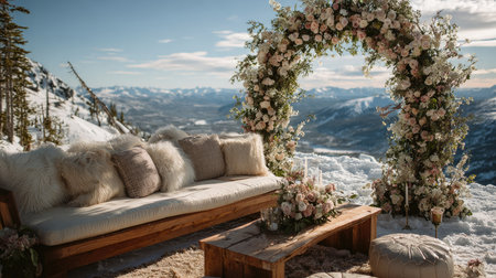 A stunning floral arch frames a cozy lounge area adorned with plush cushions and natural decor, set against a breathtaking snowy mountain backdrop.の素材