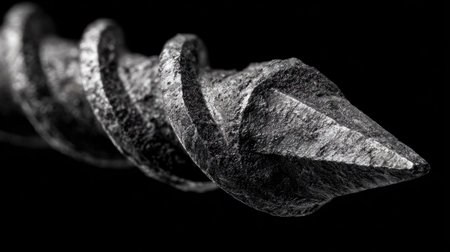This image captures a detailed close-up of a twisted metal screw with a sharp pointed tip, set against a dramatic black background. The focus on texture and form creates an artistic representation of this essential hardware component.の素材