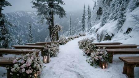 A breathtaking winter wedding scene featuring wooden benches lined with floral arrangements, set against a snowy mountain backdrop, creating a romantic atmosphere.の素材