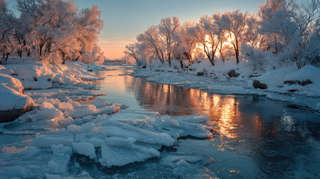 A picturesque winter scene capturing a calm river surrounded by ice and snow-covered trees illuminated by the soft glow of sunrise.の素材