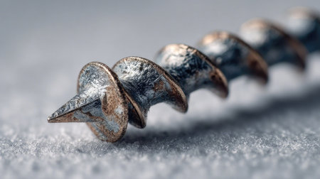 This macro photograph features a detailed close-up of a silver metal screw against a soft surface, showcasing intricate textures and reflections.の素材