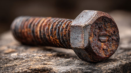 A detailed close-up image of a rusty bolt resting on a rock surface, showcasing the intricate textures of corrosion and age in metal.の素材