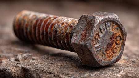 This close-up image features a rusty metal bolt resting on a stone surface, showcasing its intricate textures and natural wear. Perfect for industrial themes.の素材