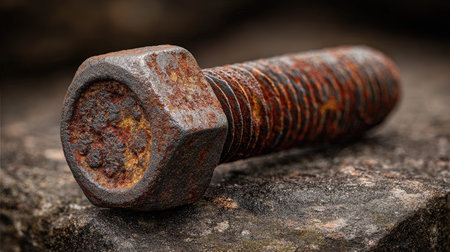 Close-up view of a rusty metal bolt resting on a textured surface, showcasing corrosion and weathering that highlight the natural aging process of industrial materials.の素材