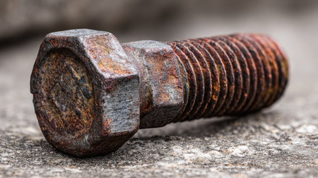 A close-up view of a rusty metal bolt lying on a concrete surface, illustrating the effects of weathering and corrosion on steel hardware. This image captures the intricate textures and colors resulting from years of exposure to the elements, making it a compelling representation of durability and wear in industrial settings.の素材