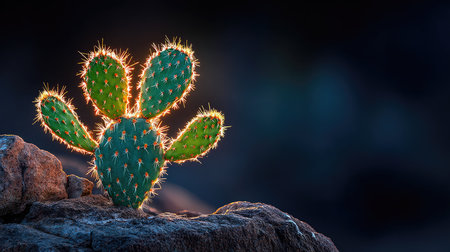 A stunning close-up of a glowing cactus perched on a rocky surface, featuring prominent spines and highlighted by natural light, set against a dark background.の素材