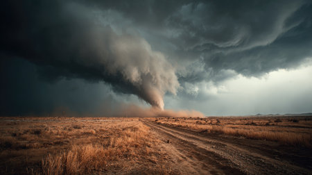 A dramatic scene featuring a tornado forming over a vast desert landscape, with dark stormy skies and dust swirling around a dirt road, showcasing nature's power.の素材