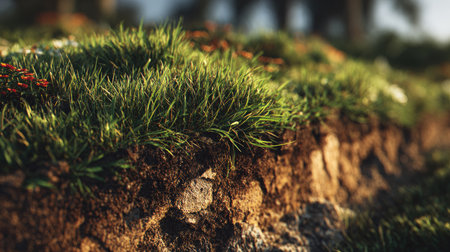 This close-up image showcases lush green grass over soil, highlighting the rich textures of nature in a sunlit environment. It captures vibrant details.の素材