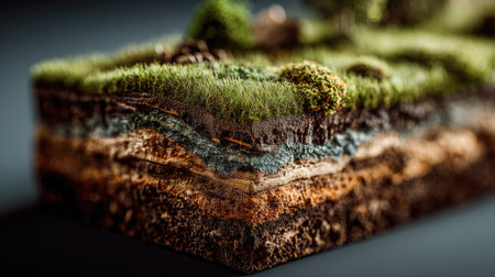 A detailed cross-section model showcasing various soil layers, grassy terrain, and natural elements, perfect for educational materials on ecology and geology.の素材