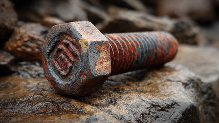 A close-up image of a rusty metal bolt resting on a weathered stone surface, showcasing the details of corrosion and texture in a natural outdoor setting.の素材